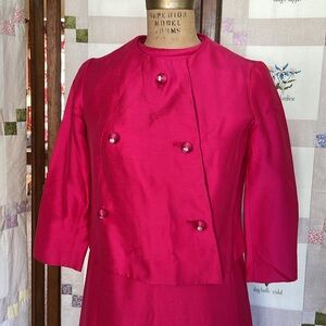 Vintage (ca 1960s) pink sleeveless dress w cropped jacket w rhinestones